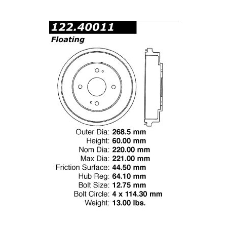 Centric Parts Premium Brake Drum, 122.40011 122.40011
